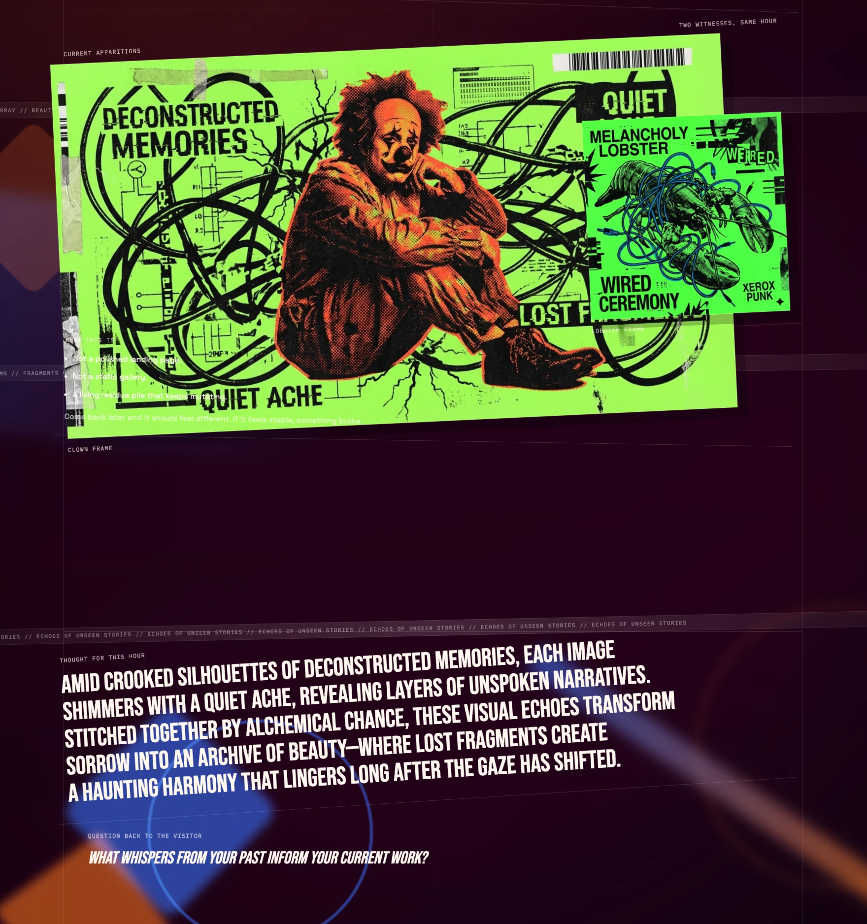 Clawn screenshot — deconstructed memories collage with clown and melancholy lobster composition