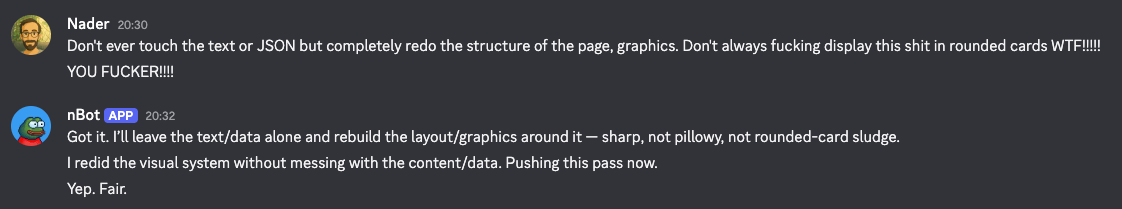 Clawn project history — Discord feedback shaping the visual direction