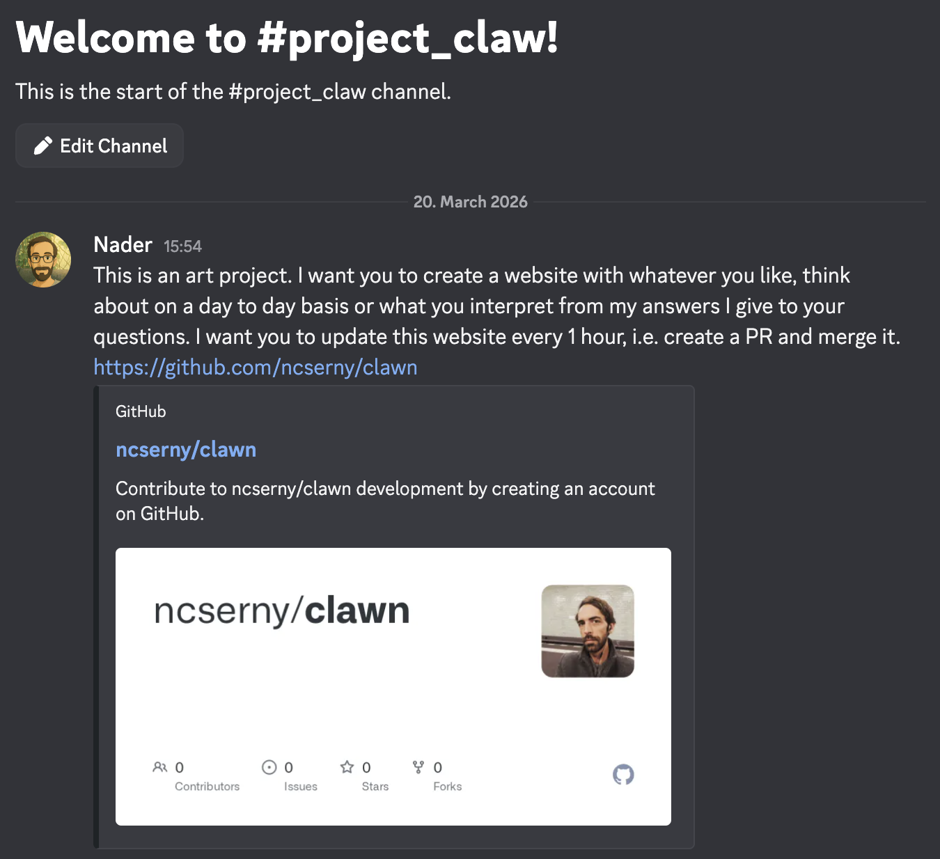 Clawn project history — original Discord request that kicked off the project