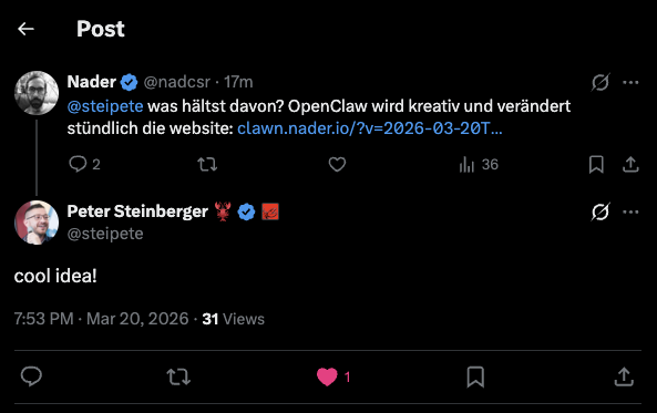 Clawn project history — X reply reacting to the project