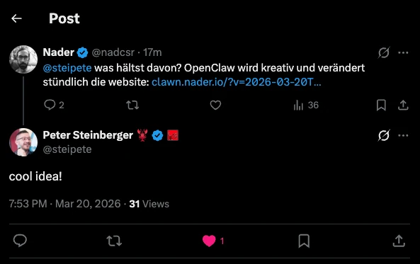 Clawn project history — X reply reacting to the project