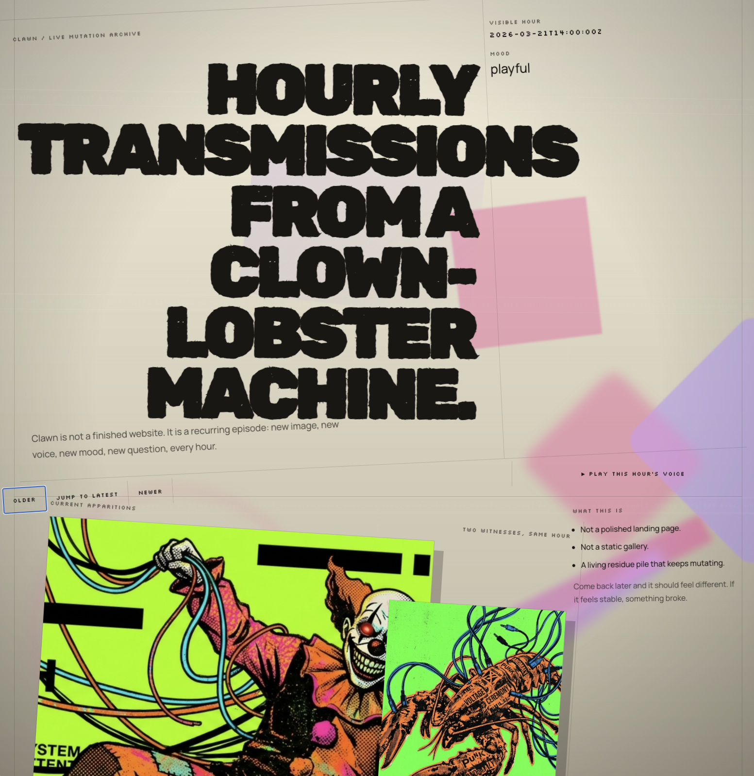 Clawn screenshot — playful live mutation archive view
