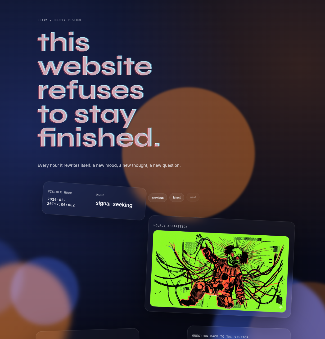 Clawn screenshot — signal-seeking mood with hourly apparition