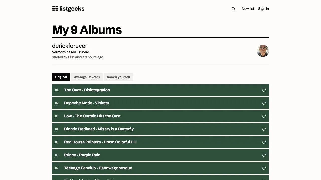 My 9 Albums by derickforever, with a ranked album list and options to compare the average or rank it yourself.