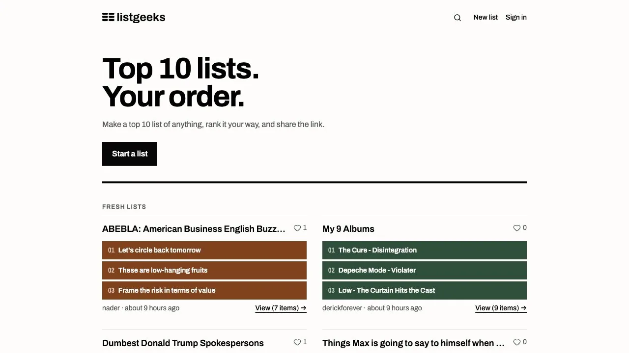 Listgeeks homepage with fresh community lists and the invitation to make a top 10 list.