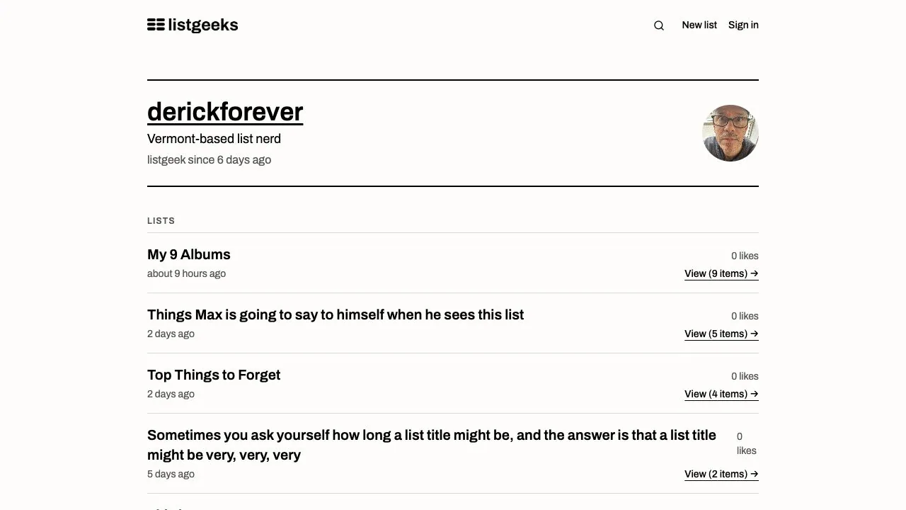 Derick’s Listgeeks profile collecting his lists of albums, songs, movie theatres and more.