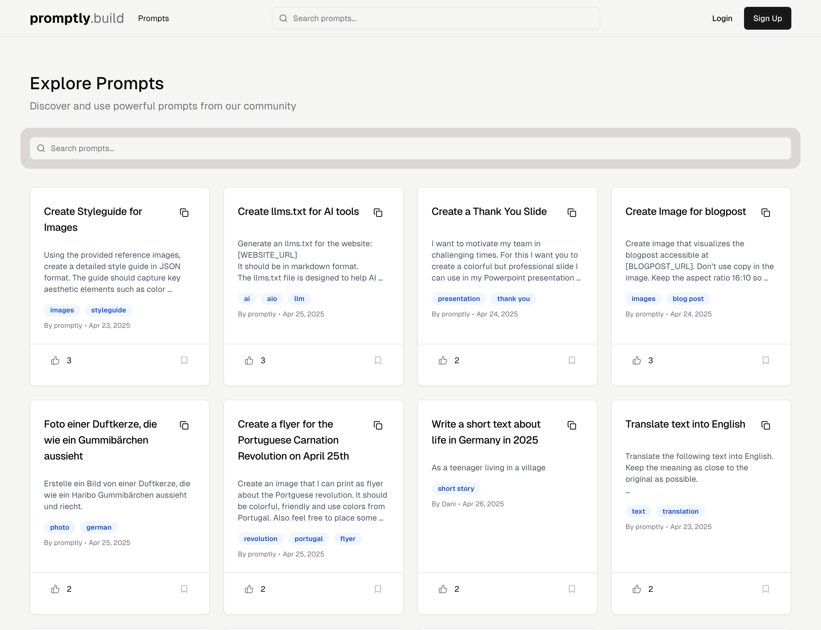 Promptly.build explore page listing community prompts
