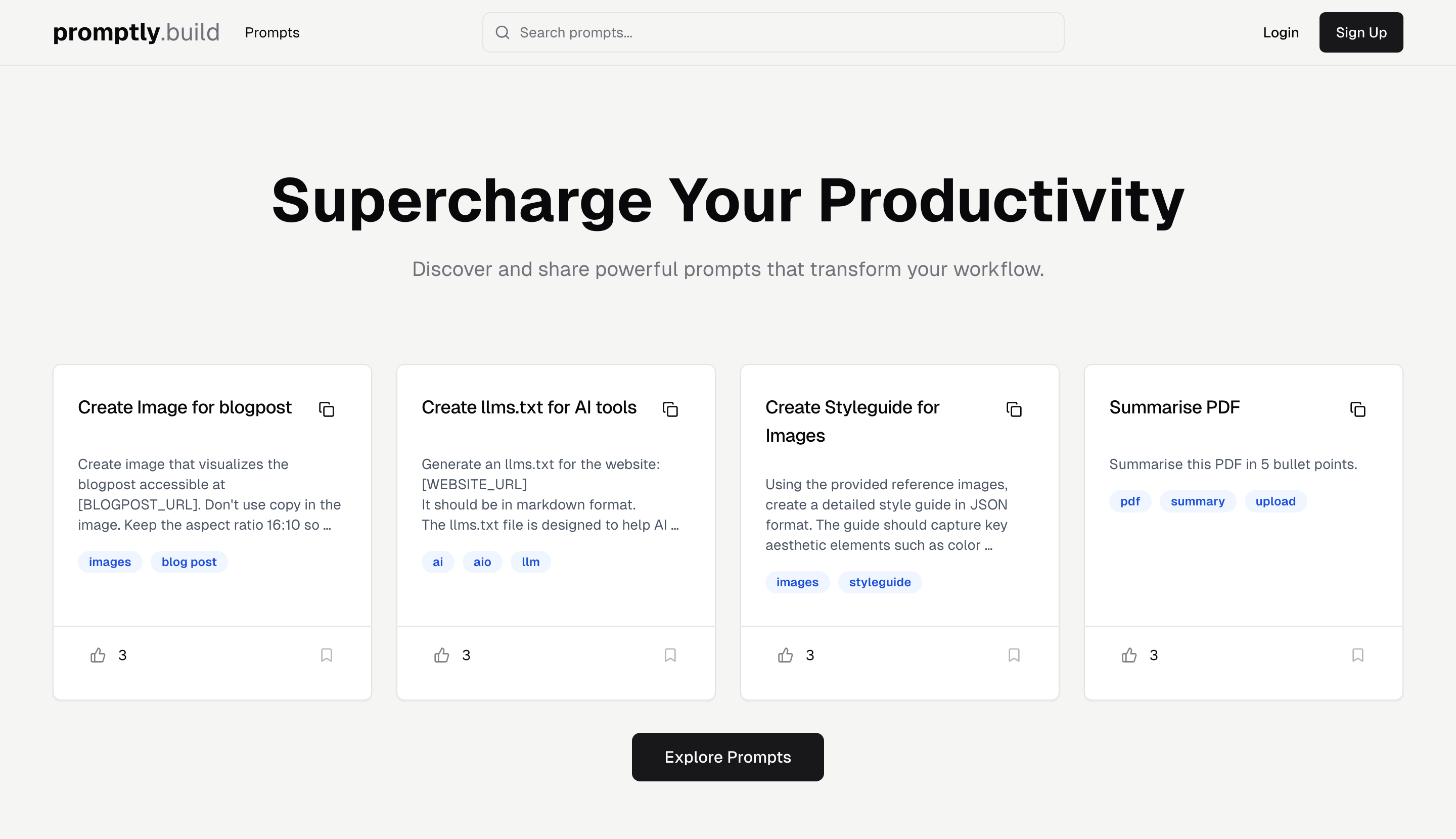 Promptly.build home page with featured prompts