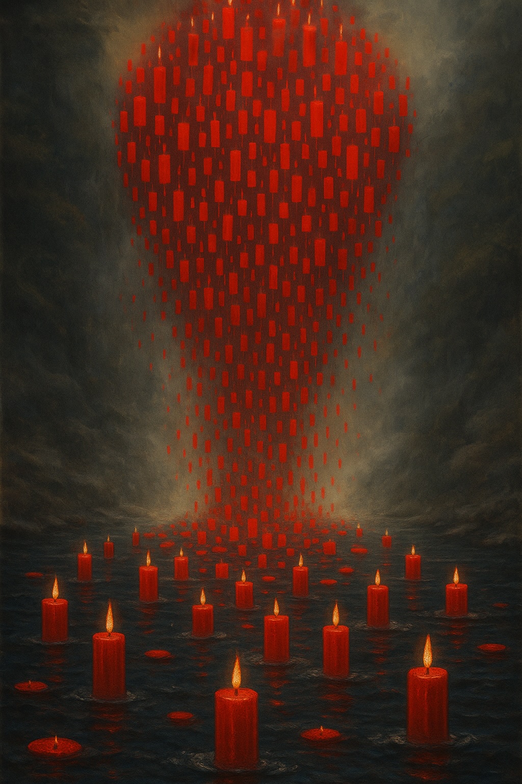 Red candles descending into a river