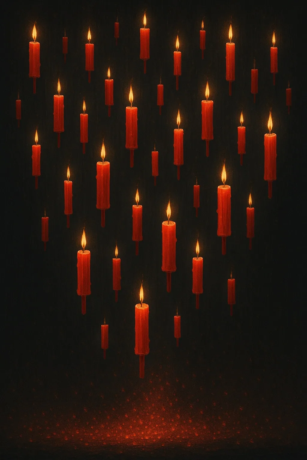 Lit red candles falling through darkness