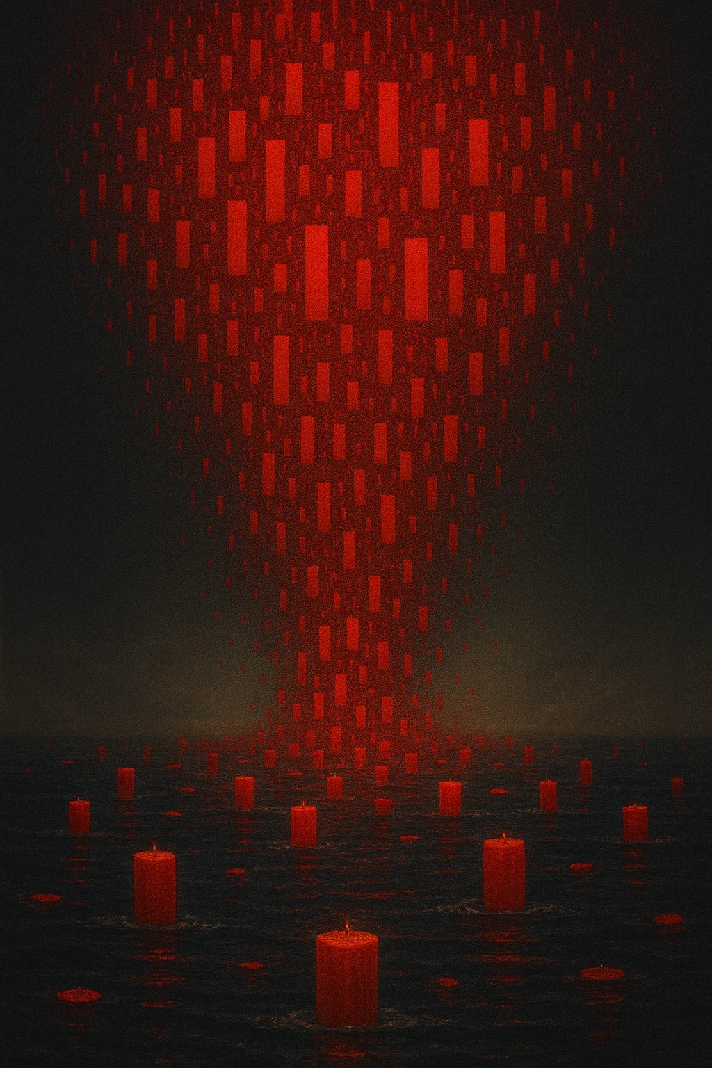 Red candles raining into dark water