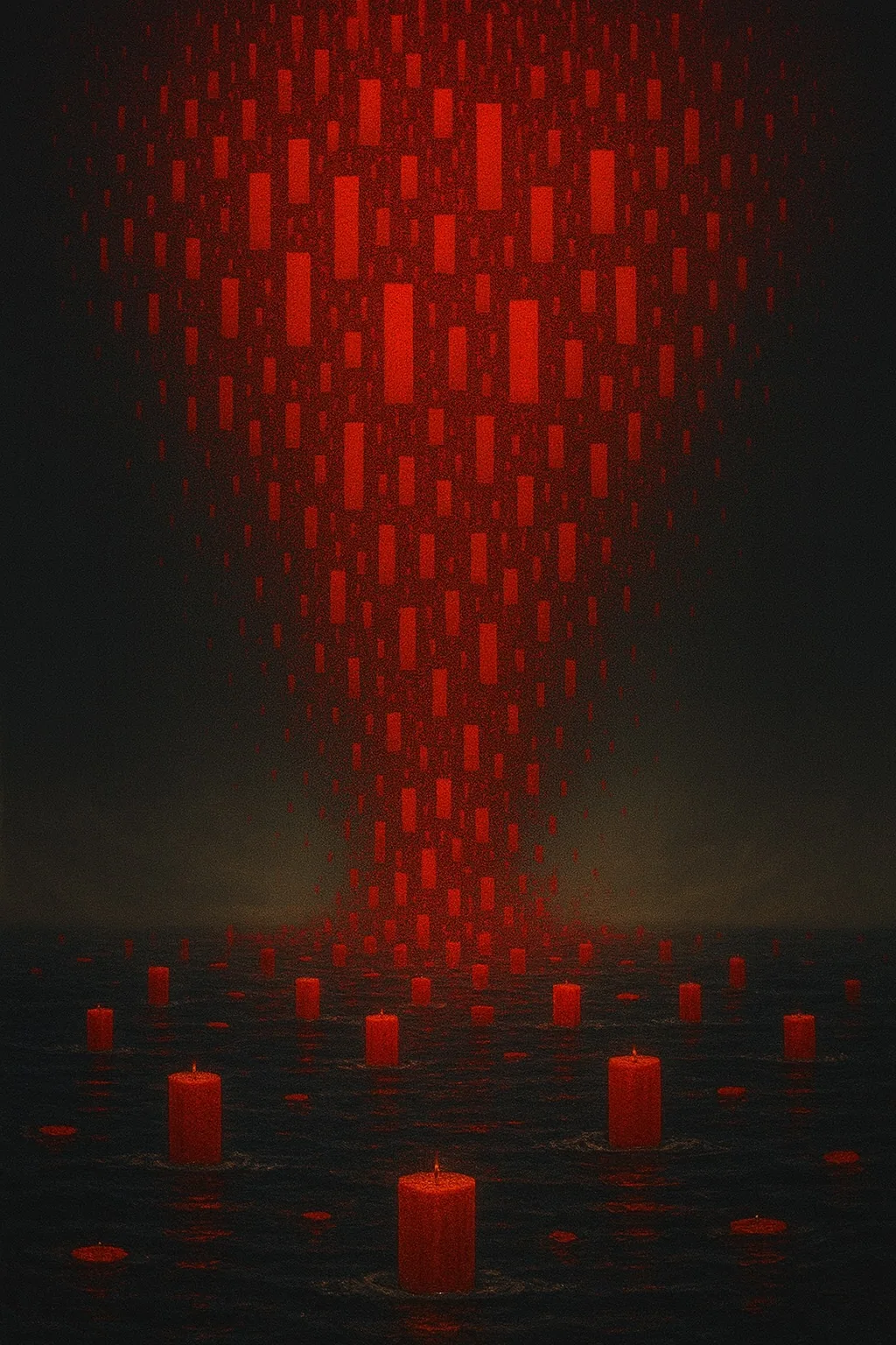 Red candles raining into dark water