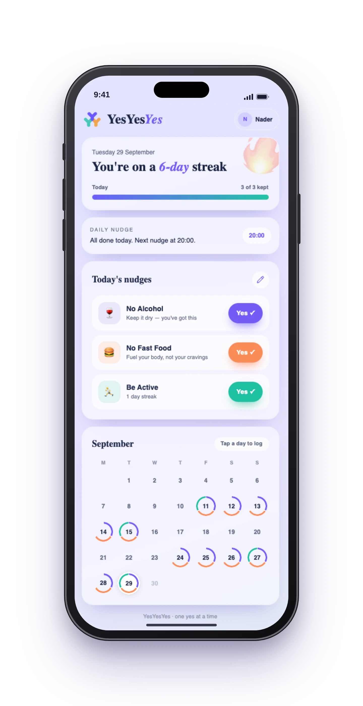YesYesYes habit tracker shown inside a smartphone